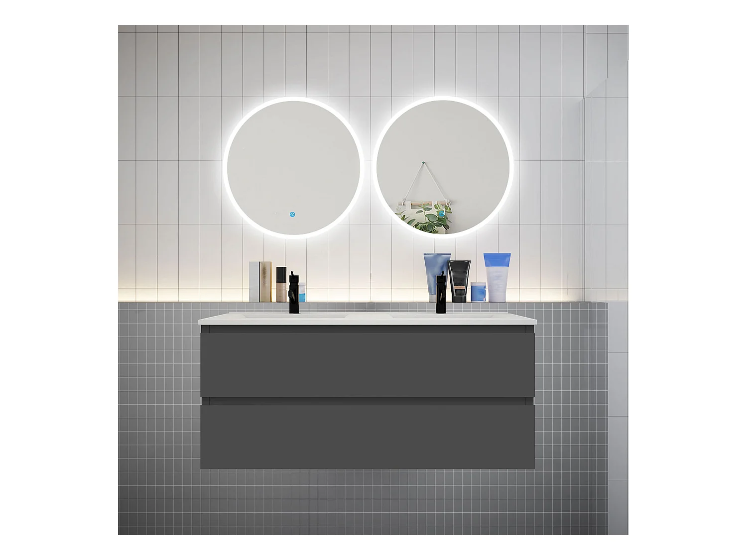 AICA Ensemble meuble de salle de bain double Vasque L.120cm 4 tiroirs + lavabo + 2*LED Miroirs Rond 60cm, Anthracite