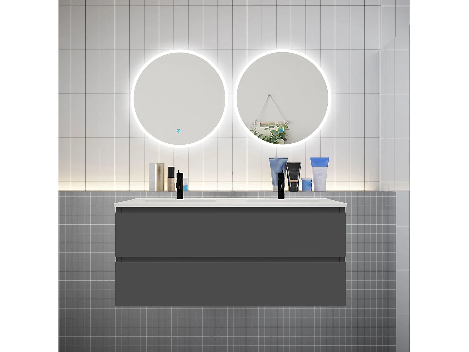 Ensemble meuble double vasque L.120cm 4 tiroirs + lavabo + 2 LED miroirs rond 60cm,anthracite,aica