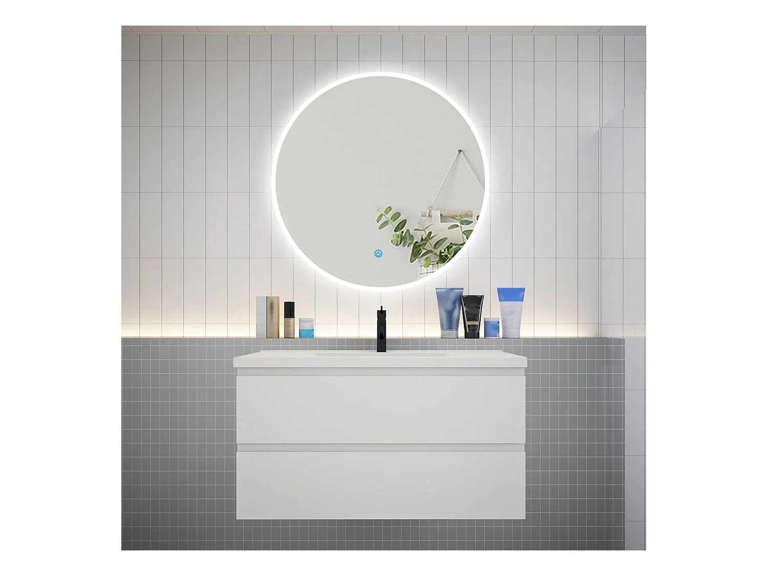 AICA Ensemble meuble de salle de bain Vasque L.99cm 2 tiroirs + lavabo + LED Miroir Rond 90cm,Blanc