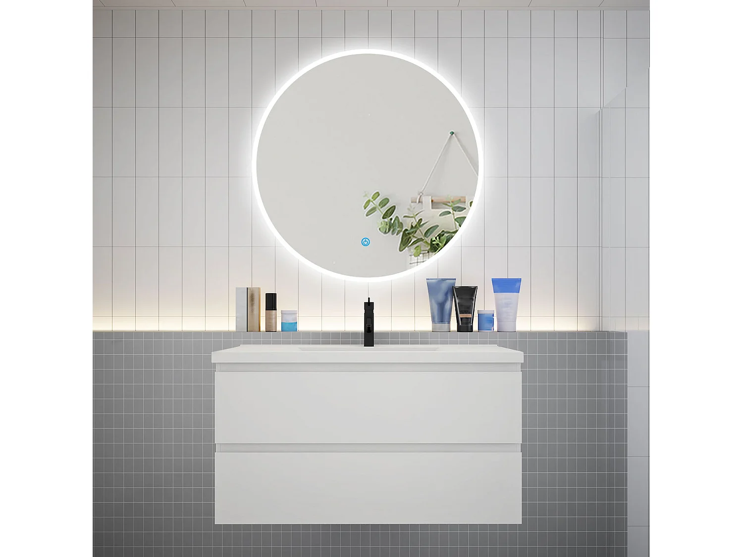 Ensemble meuble vasque L.99cm 2 tiroirs + lavabo + LED miroir rond 90cm,blanc,easy