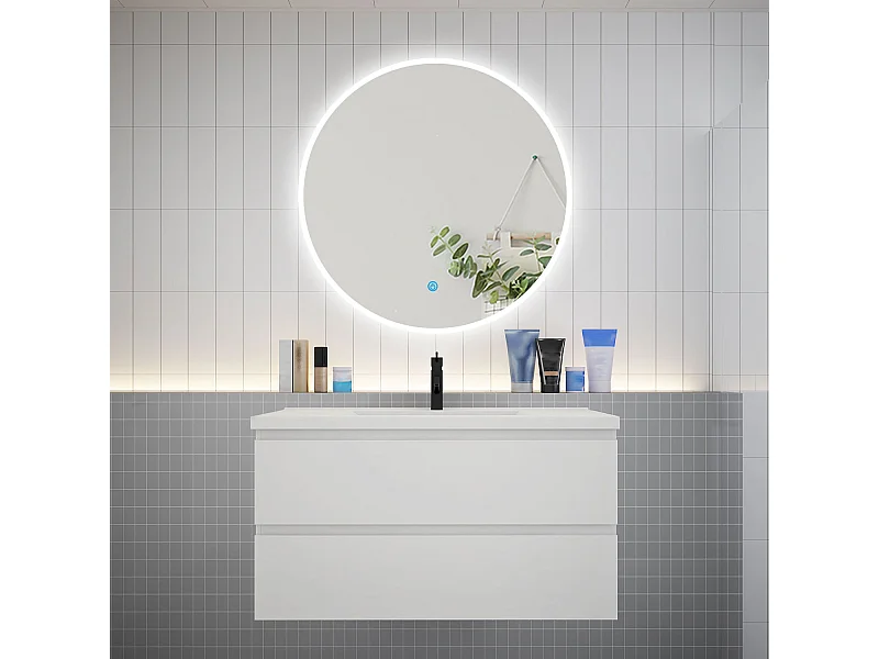 Ensemble meuble vasque L.99cm 2 tiroirs + lavabo + LED miroir rond 90cm,blanc,easy