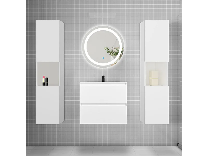 AICA Ensemble meuble de salle de bain Vasque 60cm + 2 tiroirs + lavabo + LED Miroir Rond 60cm + 2*Colonne,Blanc