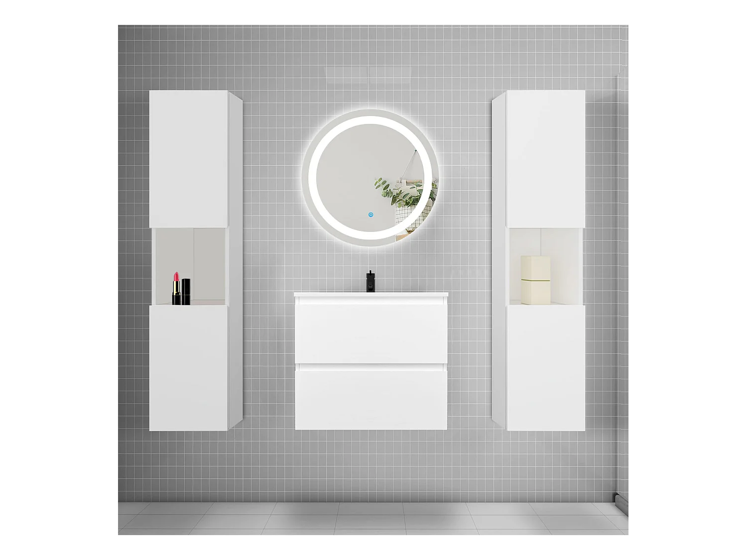 AICA Ensemble meuble de salle de bain Vasque 60cm + 2 tiroirs + lavabo + LED Miroir Rond 60cm + 2*Colonne,Blanc