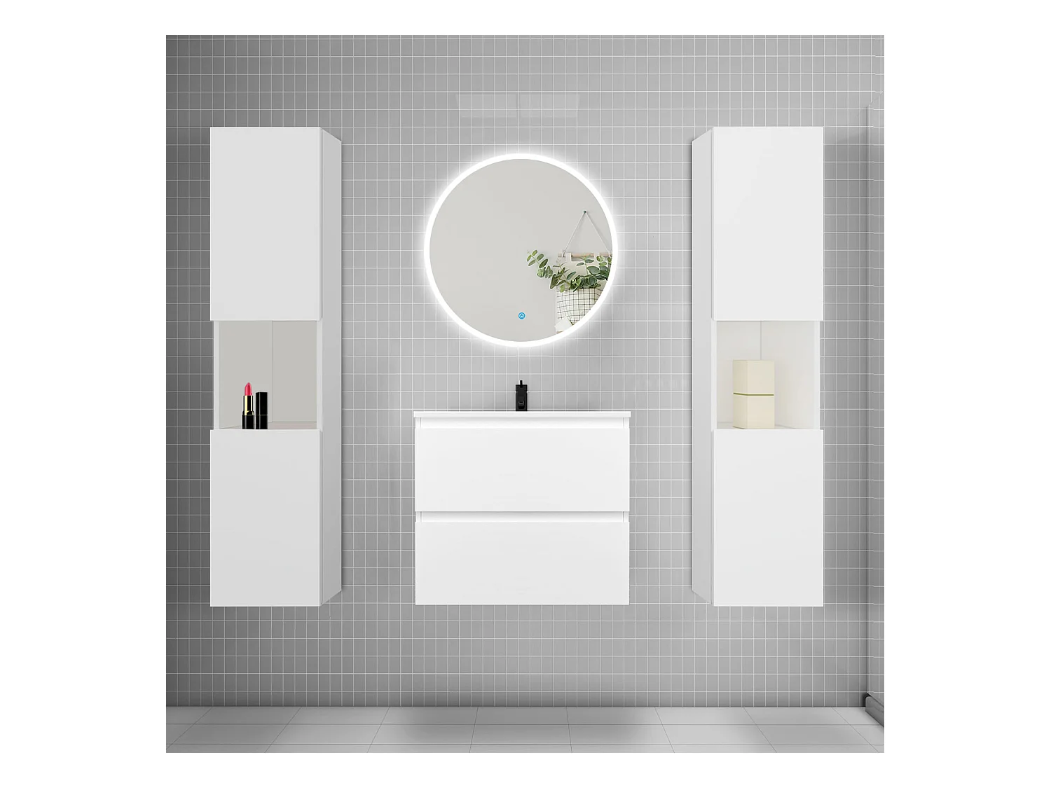 AICA Ensemble meuble de salle de bain Vasque L.60cm 2 tiroirs + lavabo + LED Miroir Rond 60cm + 2*Colonne,Blanc