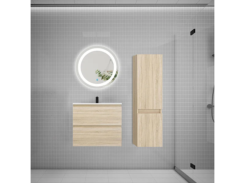 Ensemble meuble vasque L.60cm 2 tiroirs + lavabo + LED miroir rond 60cm + colonne,chêne easy