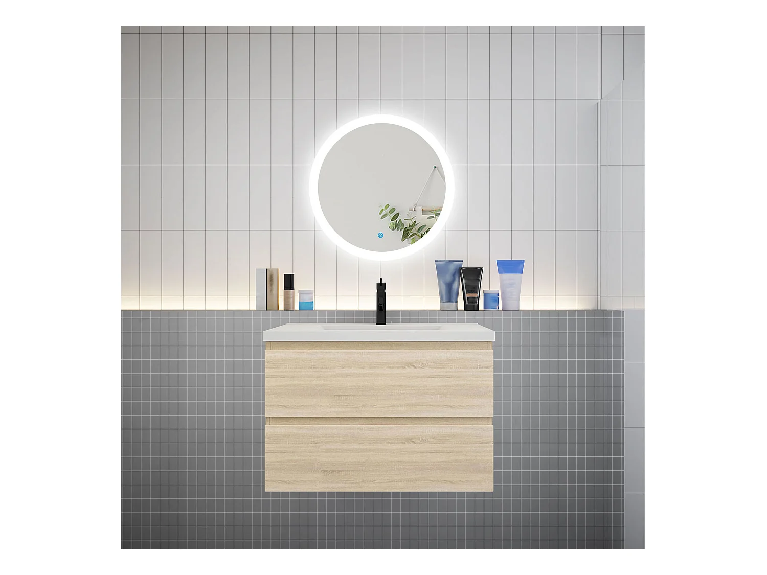 AICA Ensemble meuble de salle de bain Vasque 79cm avec 2 tiroirs + lavabo + LED Miroir Rond 60cm, Chêne