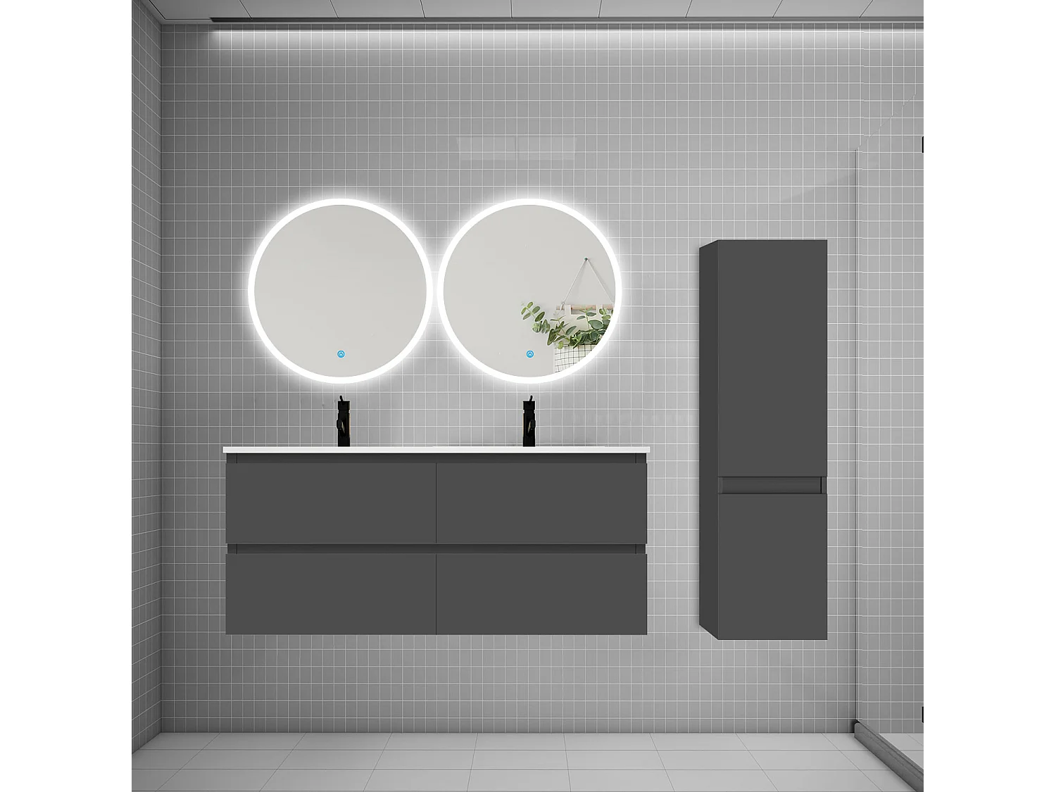 Ensemble meuble double vasque L.120cm 4 tiroirs + lavabo + 2*LED miroirs rond 60cm + colonne B,anthracite