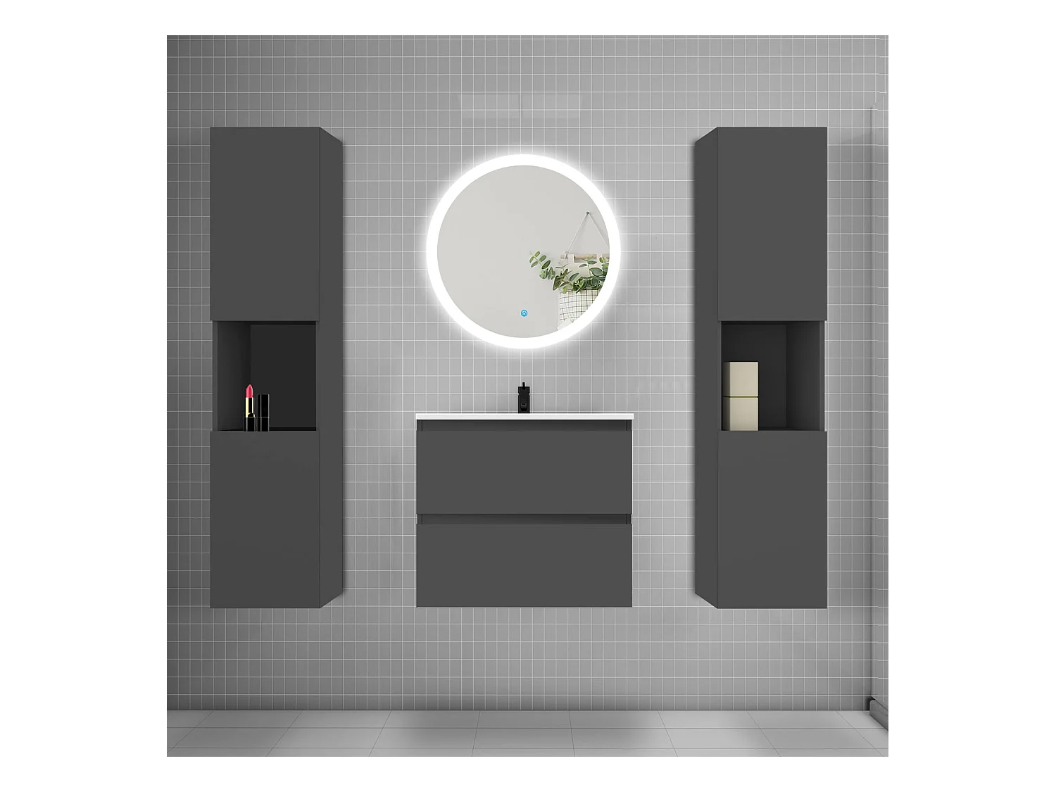 AICA Ensemble meuble de salle de bain Vasque 60cm avec 2 tiroirs + lavabo + LED Miroir Rond 60cm + 2*Colonne, Anthracite
