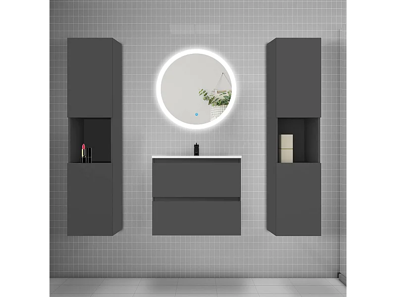 Ensemble meuble vasque L.60cm 2 tiroirs + lavabo + LED miroir rond 60cm + 2*colonne,anthracite Aica