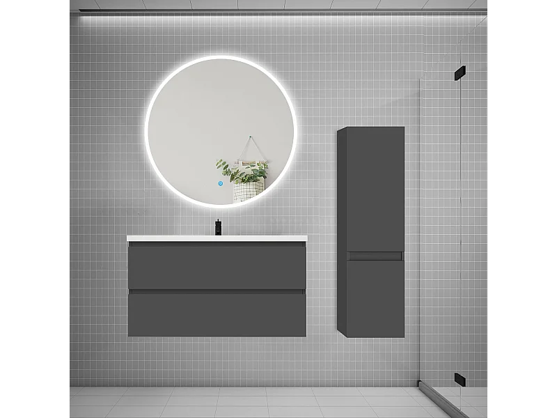 AICA Ensemble meuble de salle de bain Vasque L.99cm 2 tiroirs + lavabo + LED Miroir Rond 100cm + Colonne, Anthracite