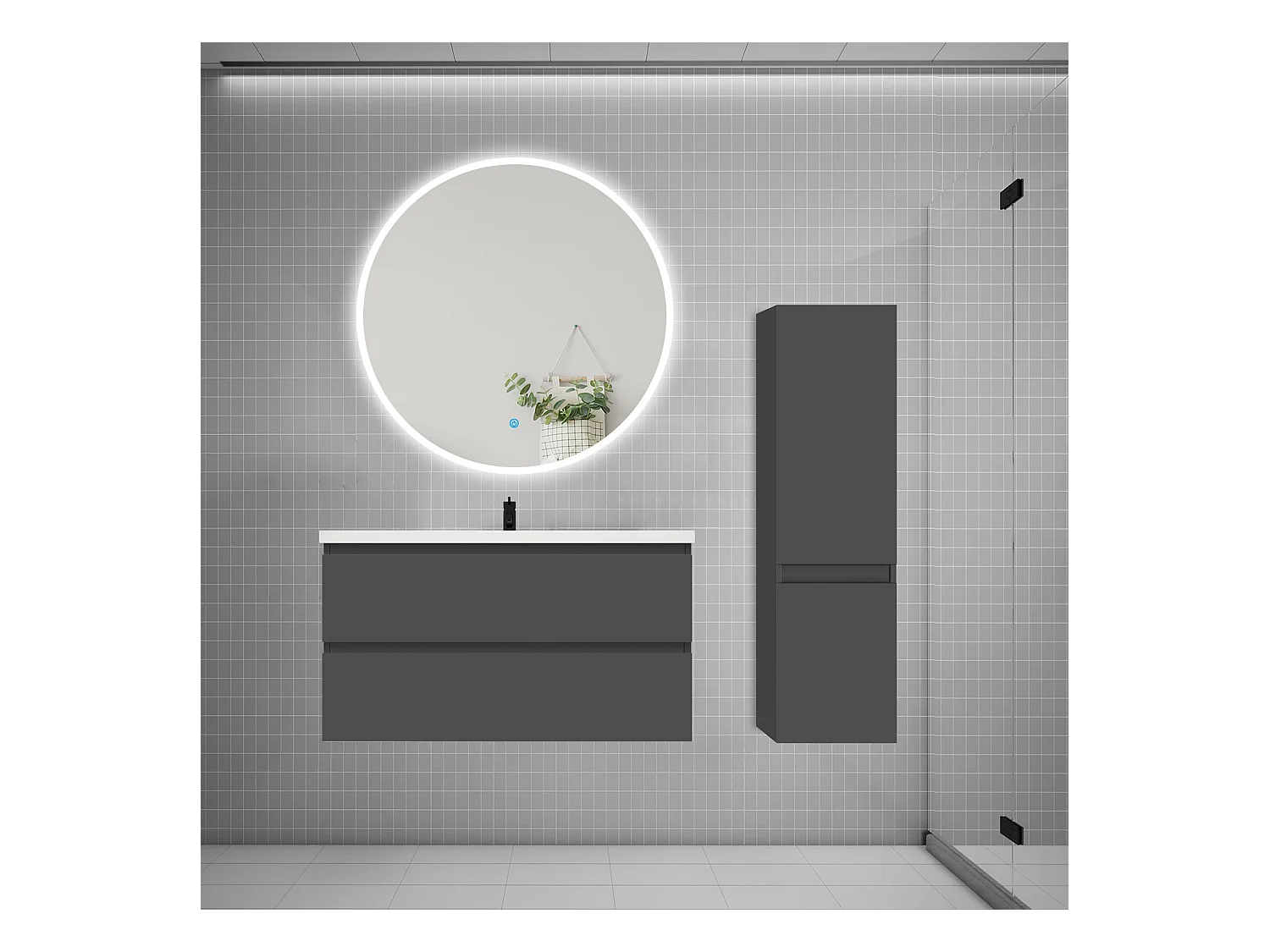 AICA Ensemble meuble de salle de bain Vasque L.99cm 2 tiroirs + lavabo + LED Miroir Rond 100cm + Colonne, Anthracite