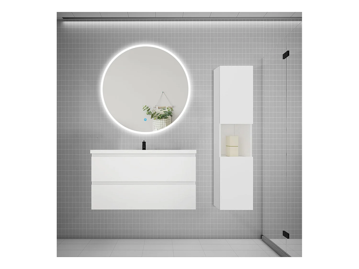 AICA Ensemble meuble de salle de bain Vasque L.99cm 2 tiroirs + lavabo + LED Miroir Rond 100cm + Colonne,Blanc