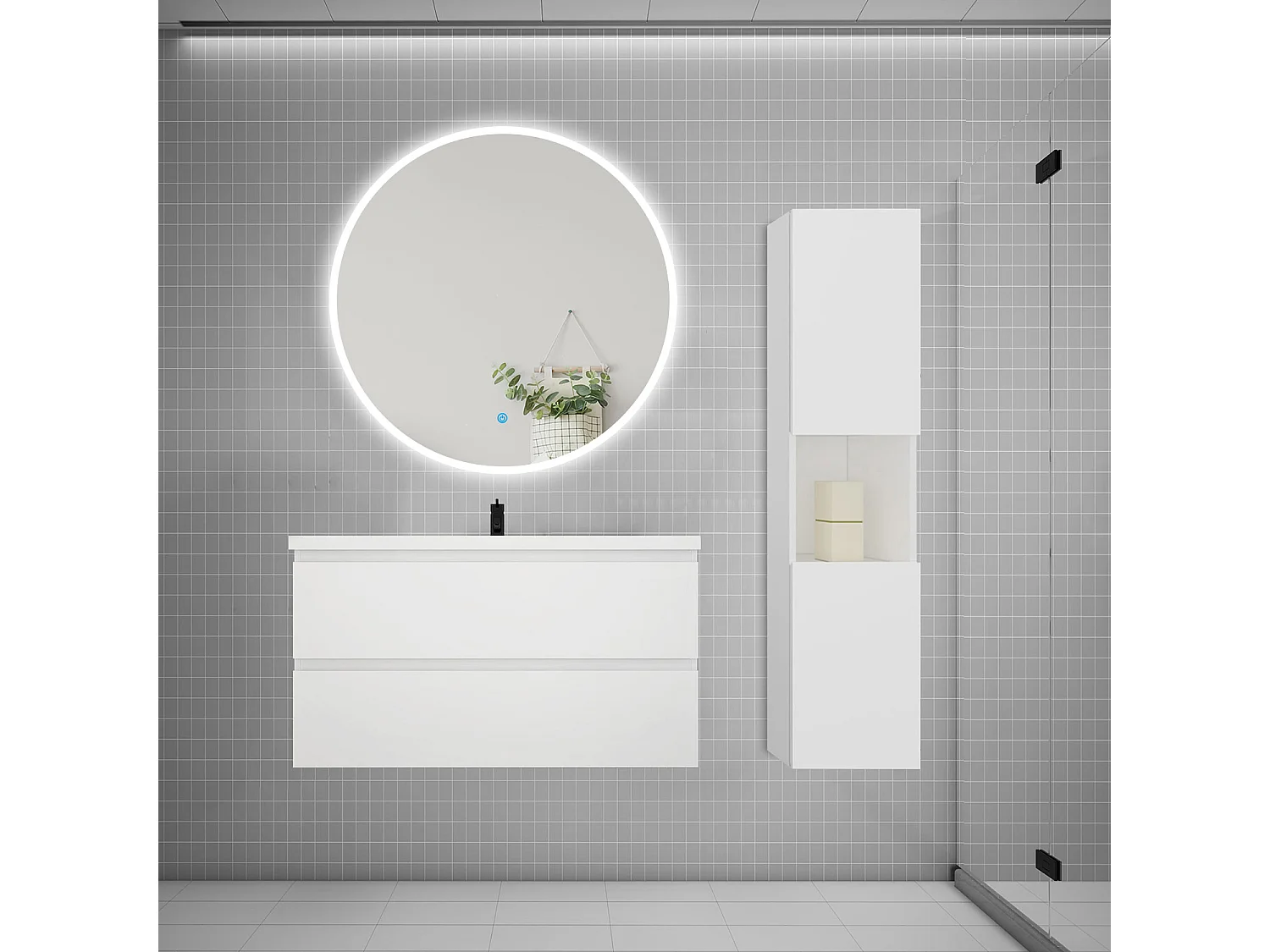 AICA Ensemble meuble vasque L.99cm 2 tiroirs + lavabo + LED miroir rond 100cm + colonne,blanc
