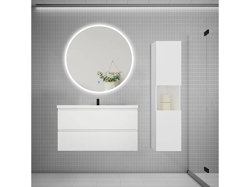 AICA Ensemble meuble vasque L.99cm 2 tiroirs + lavabo + LED miroir rond 100cm + colonne,blanc