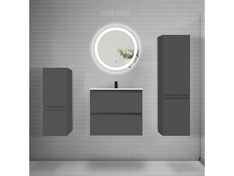 AICA Ensemble meuble de salle de bain Vasque 60cm + 2 tiroirs + lavabo + LED Miroir 60cm + 2*Colonne, Anthracite