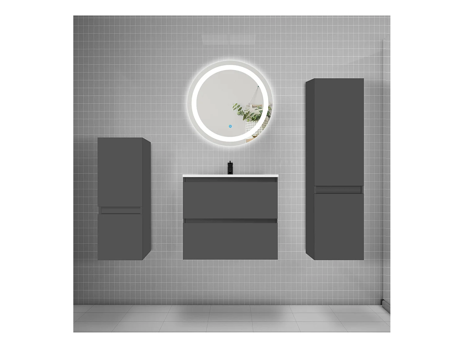 AICA Ensemble meuble de salle de bain Vasque 60cm + 2 tiroirs + lavabo + LED Miroir 60cm + 2*Colonne, Anthracite