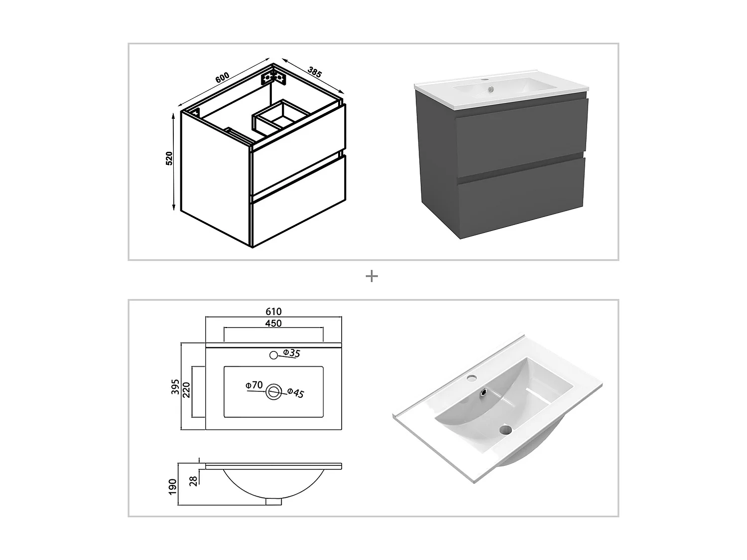 Ensemble meuble vasque L.60cm 2 tiroirs + lavabo + LED miroir 60cm + 2*colonne,anthracite B
