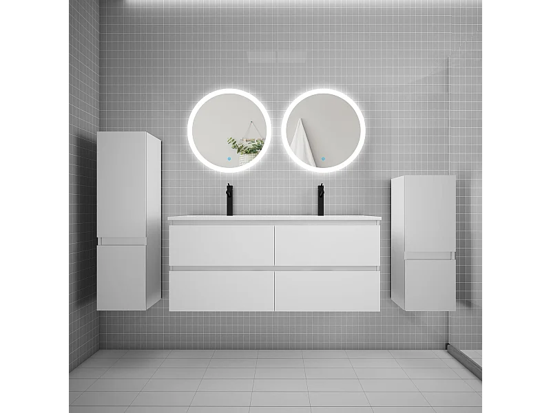 AICA Ensemble meuble de salle de bain double Vasque 120cm avec 4 tiroirs + lavabo + 2*LED Miroirs Rond 60cm + 2*Colonne,Blanc