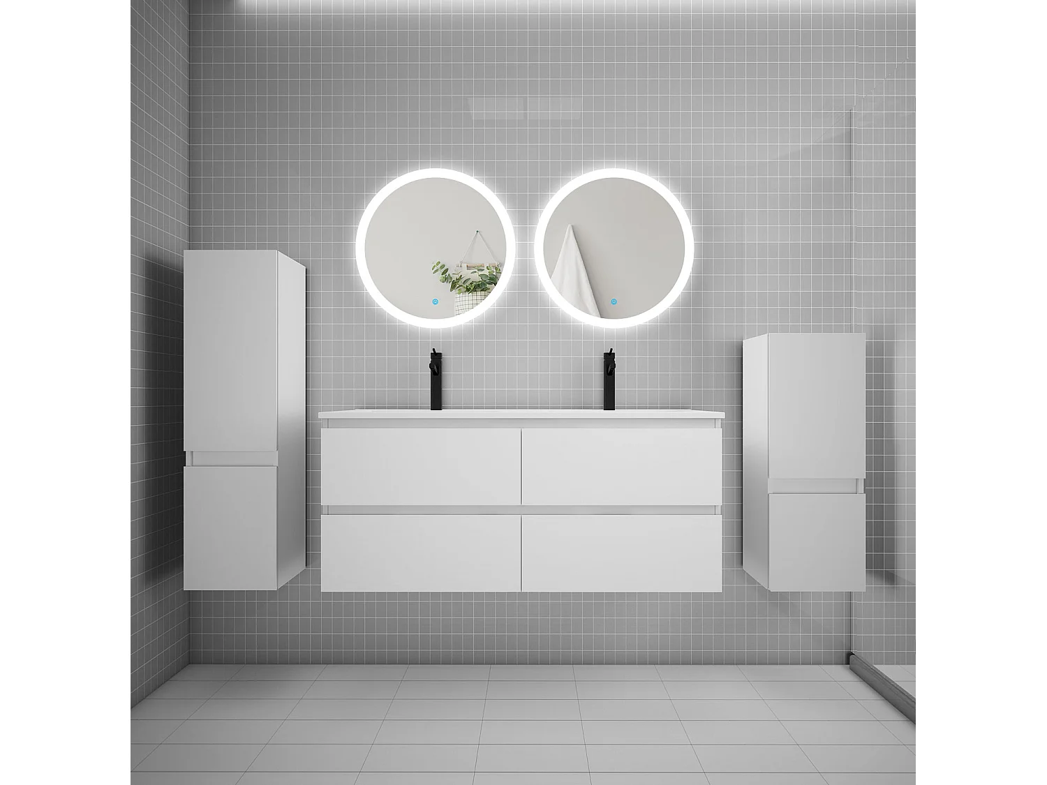 Ensemble meuble double vasque L.120cm 4 tiroirs + lavabo + 2*LED miroirs rond 60cm + 2*colonne,blanc,easy