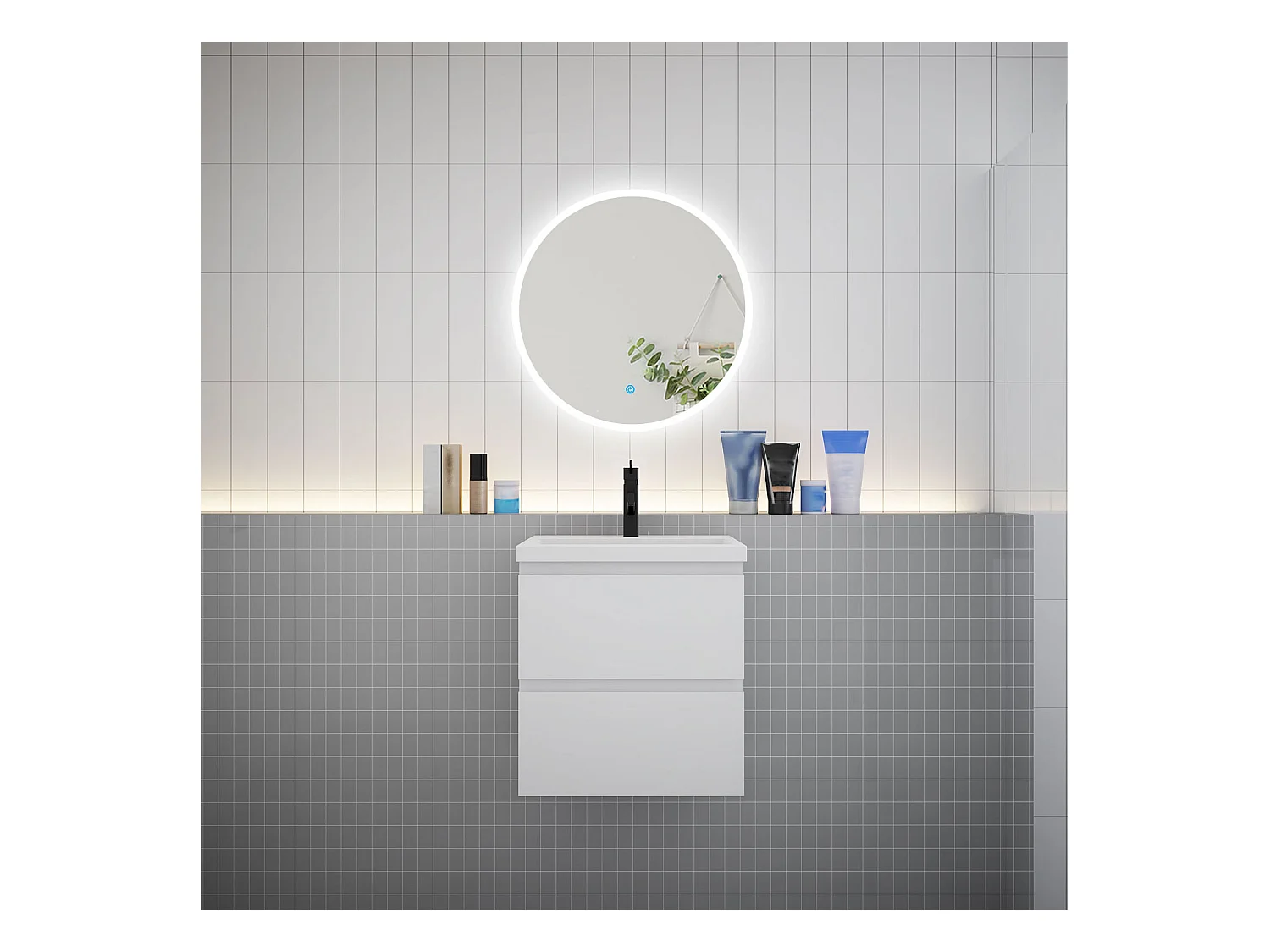 AICA Ensemble meuble de salle de bain Vasque L.50cm 2 tiroirs + lavabo + LED Miroir Rond 60cm,Blanc