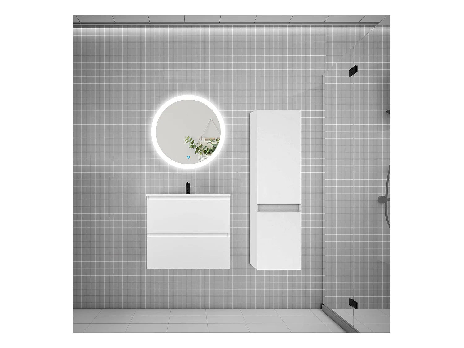 AICA Ensemble meuble de salle de bain Vasque 60cm avec 2 tiroirs + lavabo + LED Miroir Rond 60cm + Colonne,Blanc