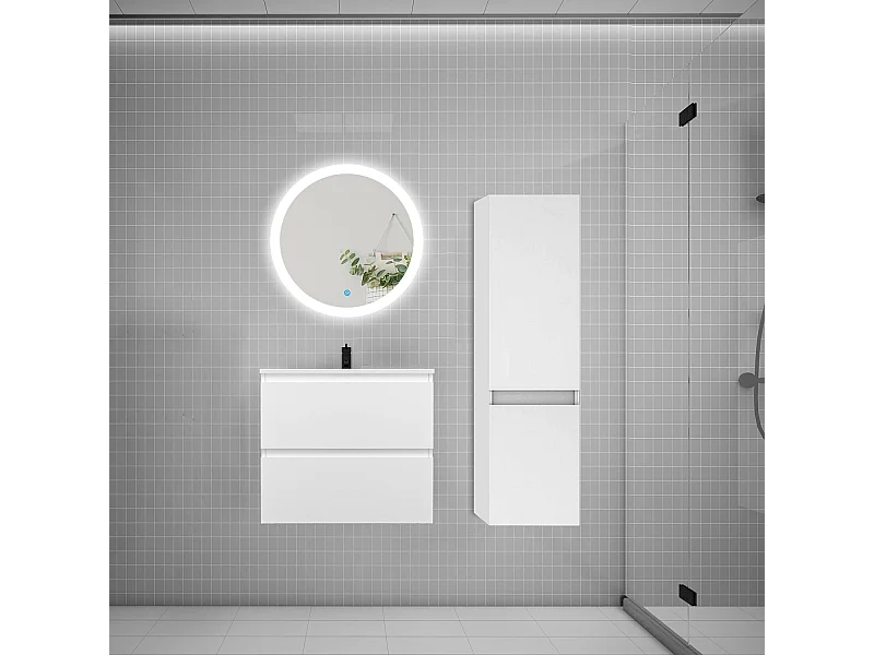 Ensemble meuble vasque L.60cm 2 tiroirs + lavabo + LED miroir rond 60cm + colonne A,blanc aica
