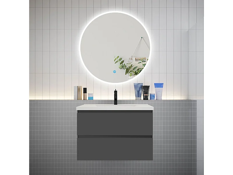 AICA Ensemble meuble de salle de bain Vasque L.79cm 2 tiroirs + lavabo + LED Miroir Rond 90cm, Anthracite