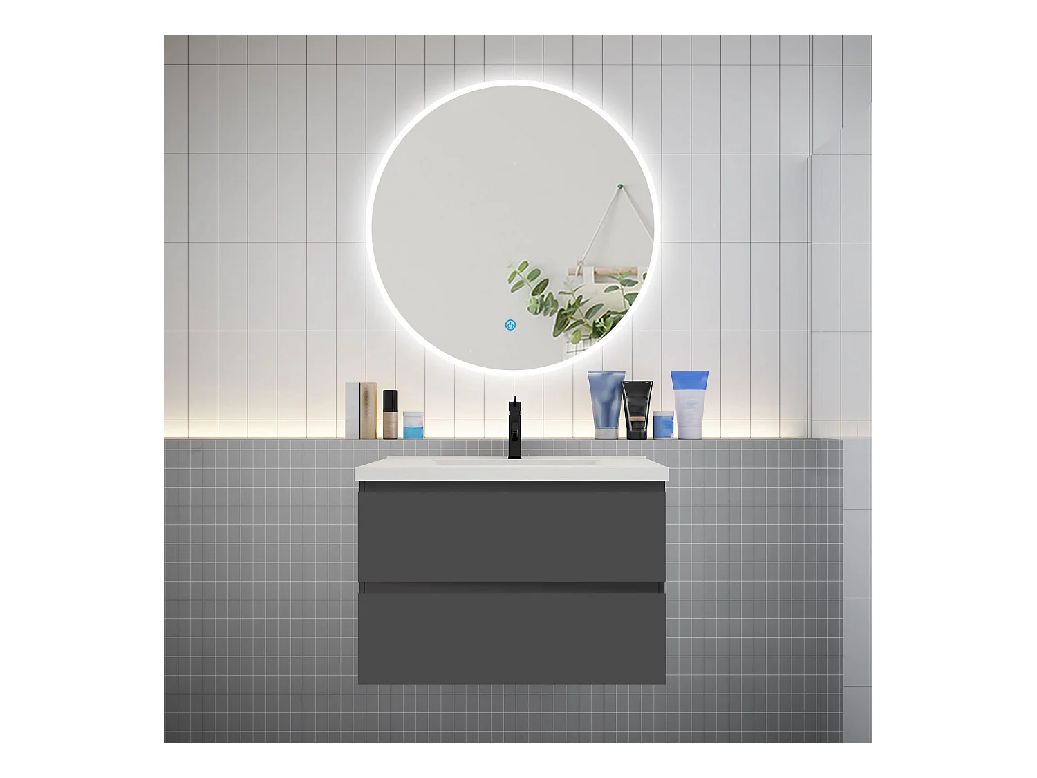 AICA Ensemble meuble de salle de bain Vasque L.79cm 2 tiroirs + lavabo + LED Miroir Rond 90cm, Anthracite