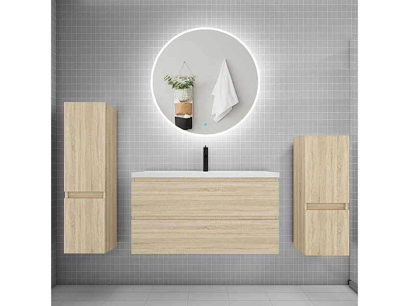 Ensemble meuble vasque L.99cm 2 tiroirs + lavabo + LED miroir rond 90cm + 2*colonne,chêne