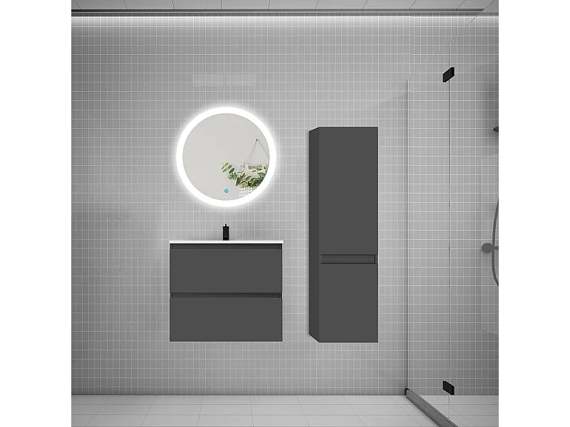 AICA Ensemble meuble de salle de bain Vasque 60cm avec 2 tiroirs + lavabo + LED Miroir Rond 60cm + Colonne, Anthracite