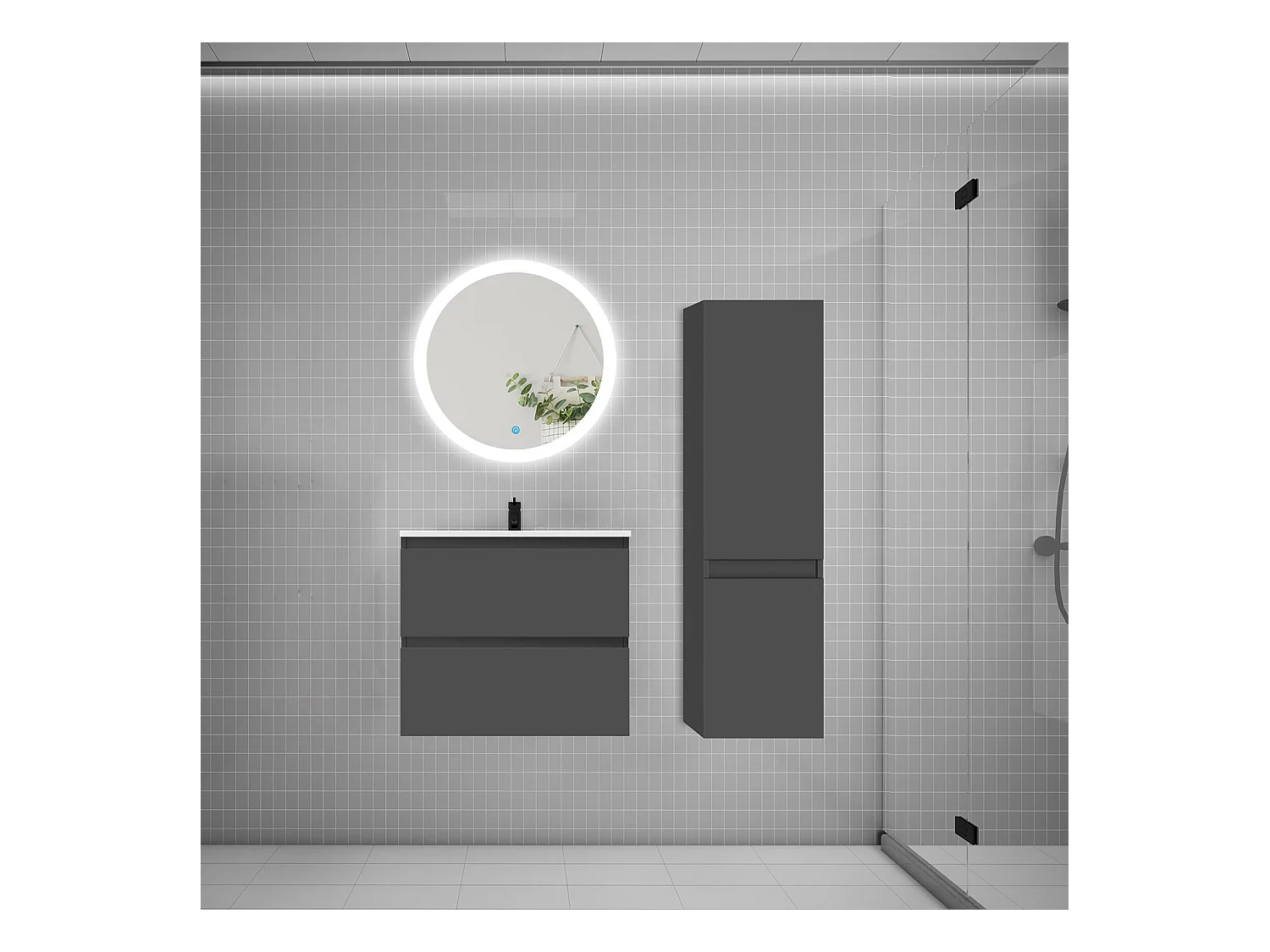 AICA Ensemble meuble de salle de bain Vasque 60cm avec 2 tiroirs + lavabo + LED Miroir Rond 60cm + Colonne, Anthracite