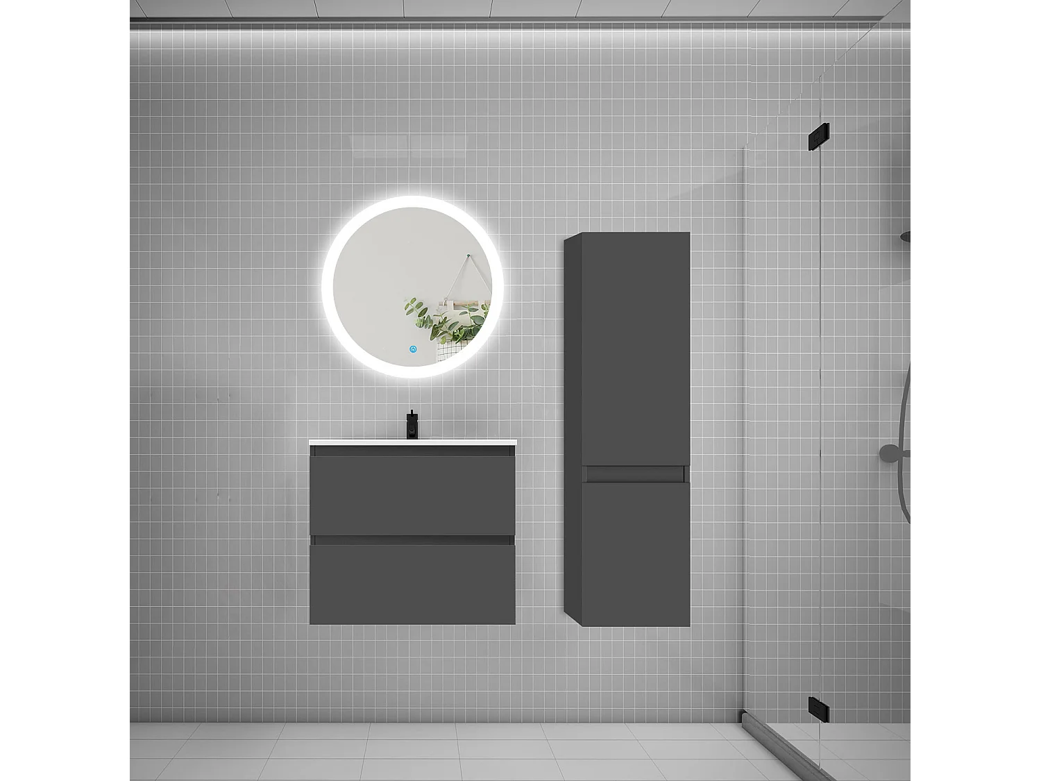 Ensemble meuble vasque L.60cm 2 tiroirs + lavabo + LED miroir rond 60cm + colonne B,anthracite aica