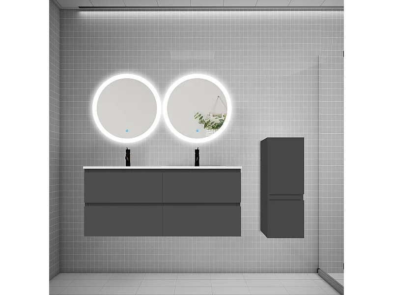 AICA Ensemble meuble de salle de bain double Vasque 120cm avec 4 tiroirs + lavabo + 2*LED Miroirs Rond 60cm + Colonne, Anthracite