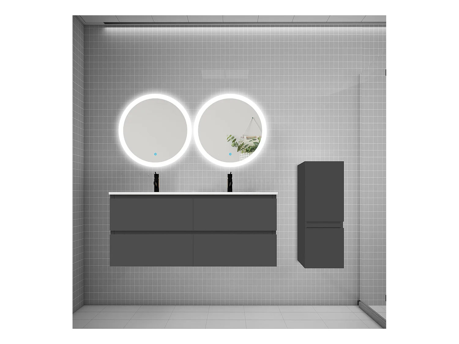 AICA Ensemble meuble de salle de bain double Vasque 120cm avec 4 tiroirs + lavabo + 2*LED Miroirs Rond 60cm + Colonne, Anthracite