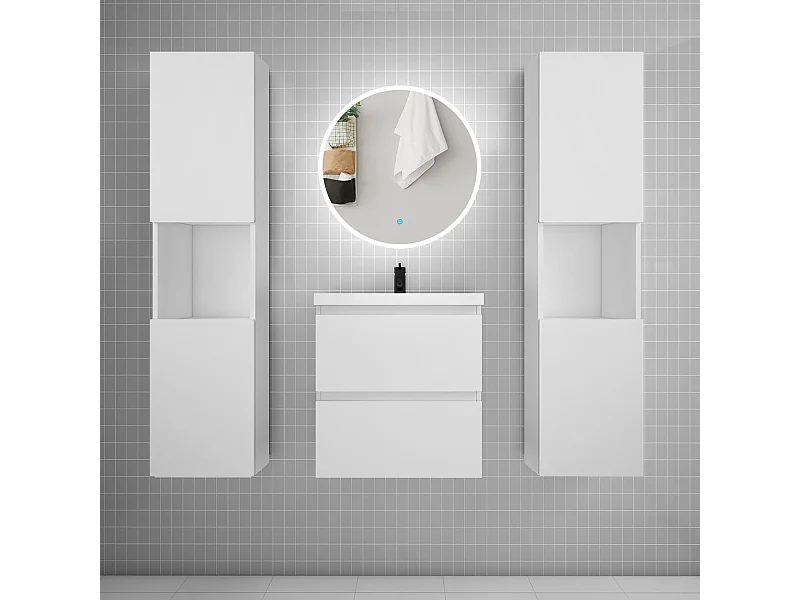 AICA Ensemble meuble de salle de bain Vasque L.50cm 2 tiroirs + lavabo + LED Miroir Rond 60cm + 2*Colonne,Anthracite