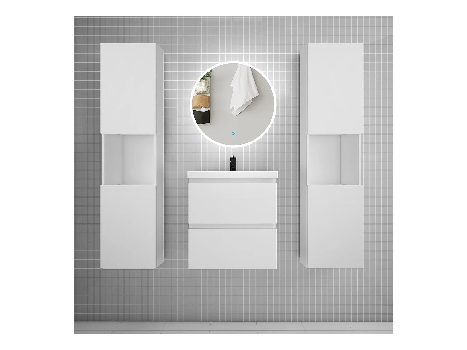 AICA Ensemble meuble de salle de bain Vasque L.50cm 2 tiroirs + lavabo + LED Miroir Rond 60cm + 2*Colonne,Anthracite