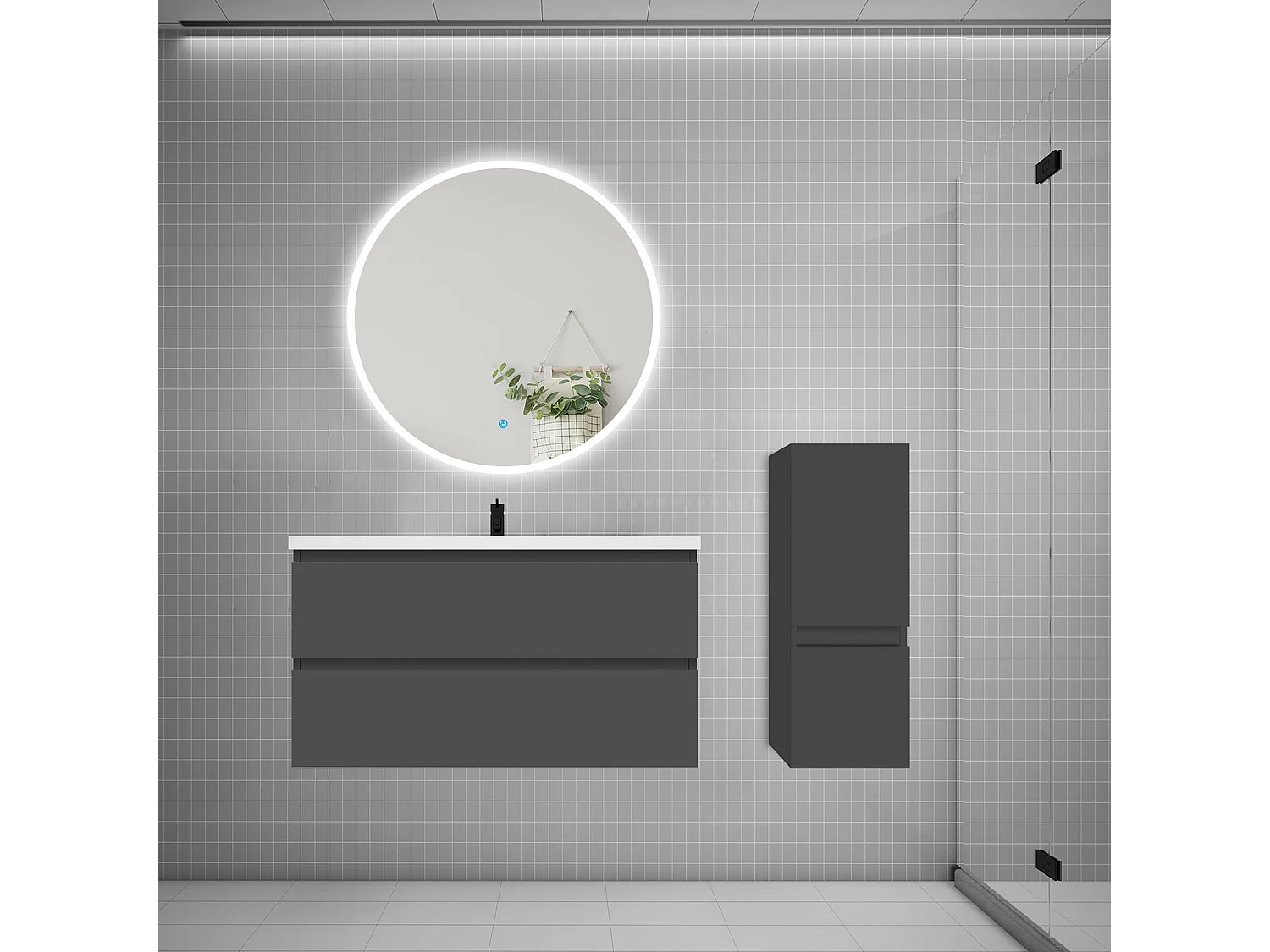 Ensemble meuble vasque L.99cm 2 tiroirs + lavabo + LED miroir rond 90cm + colonne,anthracite