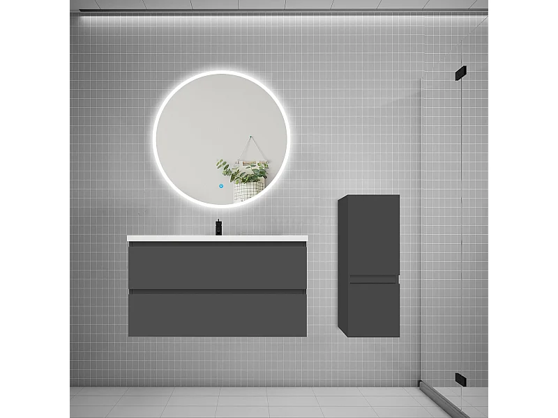 Ensemble meuble vasque L.99cm 2 tiroirs + lavabo + LED miroir rond 90cm + colonne,anthracite