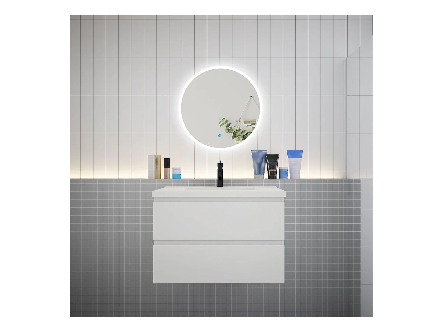AICA Ensemble meuble de salle de bain Vasque L.79cm 2 tiroirs + lavabo + LED Miroir Rond 60cm,Blanc