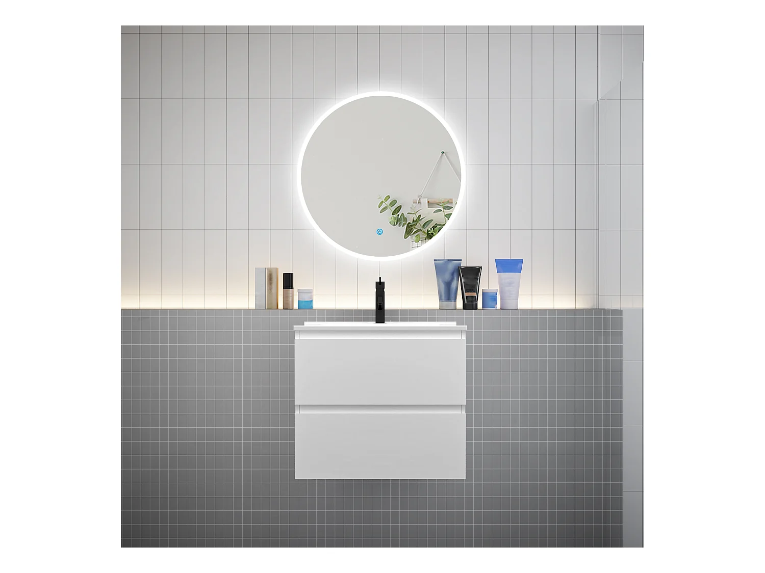 AICA Ensemble meuble de salle de bain Vasque L.60cm 2 tiroirs + lavabo + LED Miroir Rond 70cm,Blanc