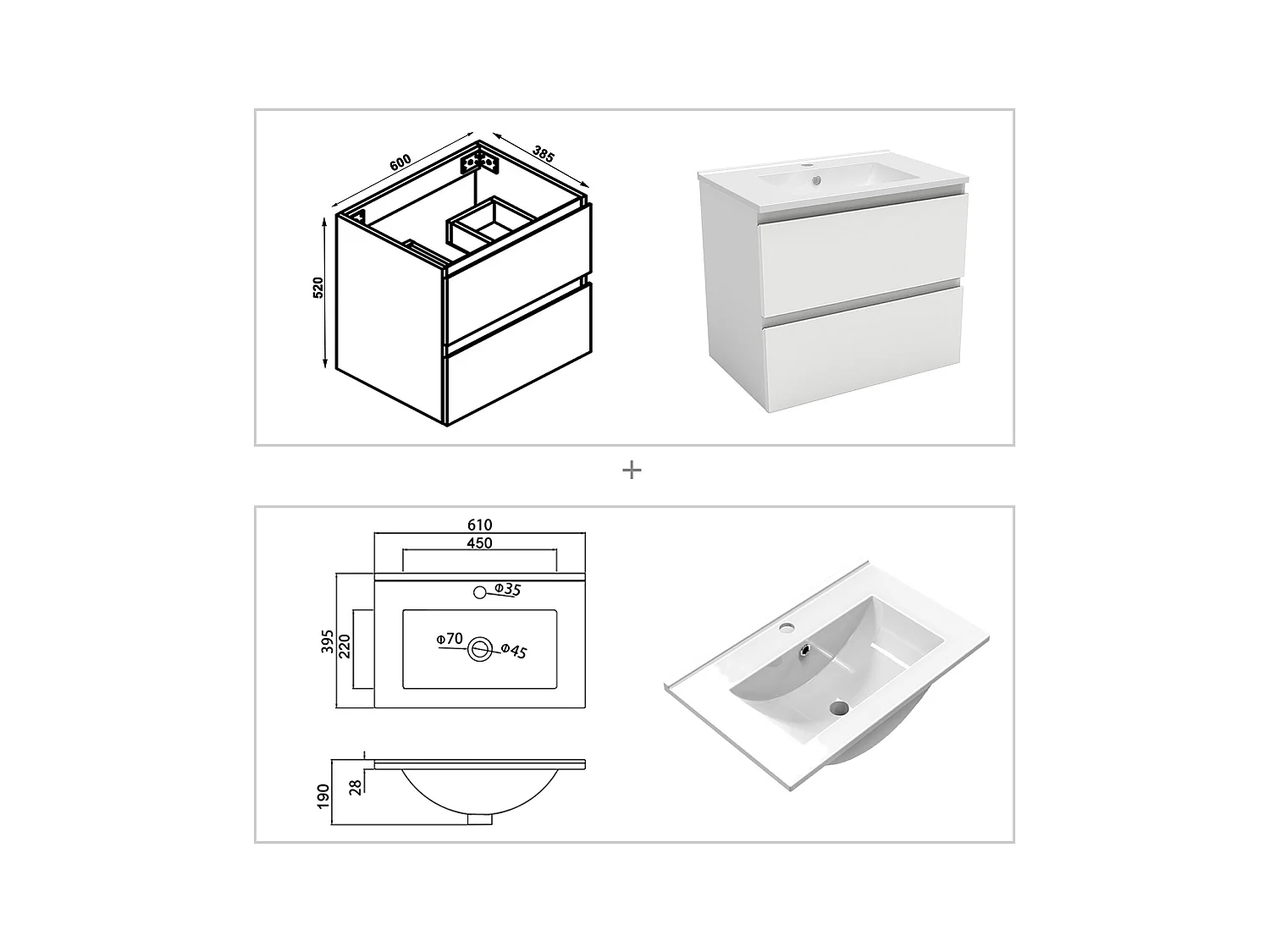 AICA Ensemble meuble de salle de bain Vasque L.60cm 2 tiroirs + lavabo + LED Miroir Rond 70cm,Blanc
