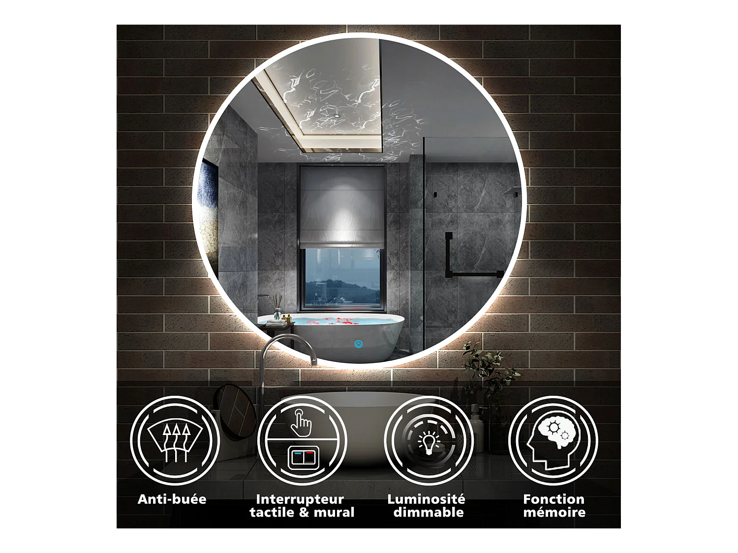 AICA Ensemble meuble de salle de bain Vasque L.60cm 2 tiroirs + lavabo + LED Miroir Rond 70cm,Blanc