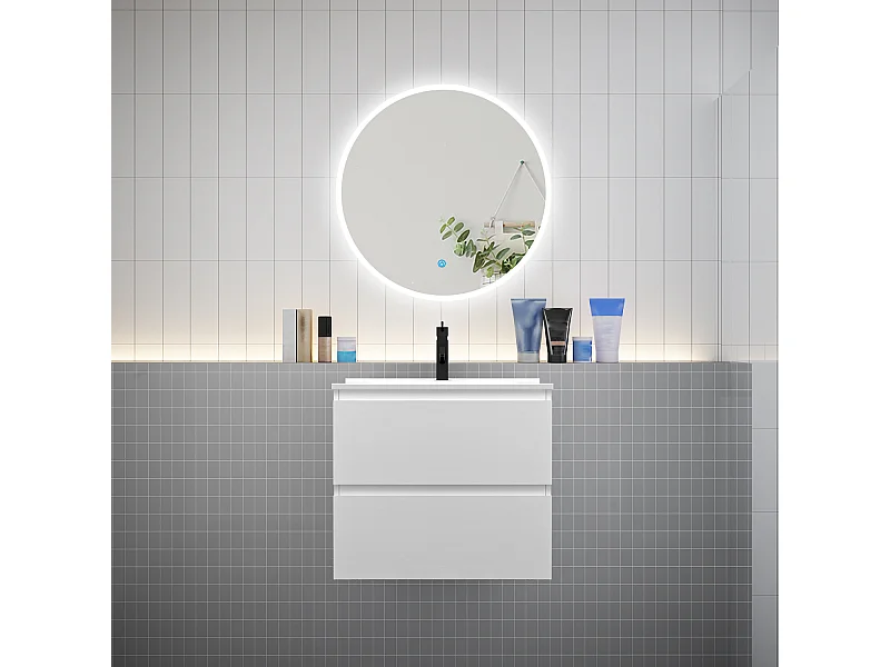 Ensemble meuble vasque L.60cm 2 tiroirs + lavabo + LED miroir rond 70cm,blanc