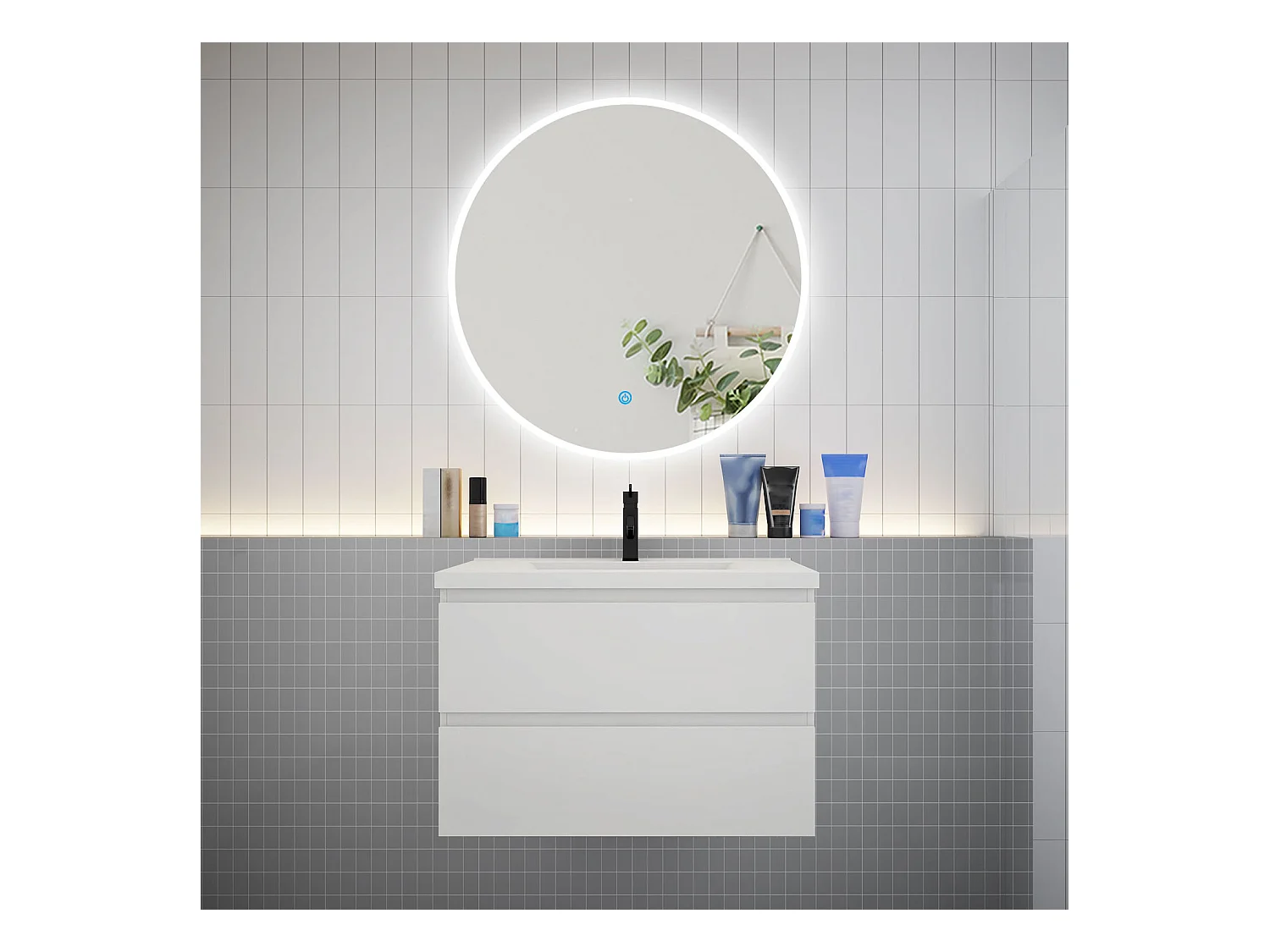 AICA Ensemble meuble de salle de bain Vasque L.79cm 2 tiroirs + lavabo + LED Miroir Rond 90cm,Blanc