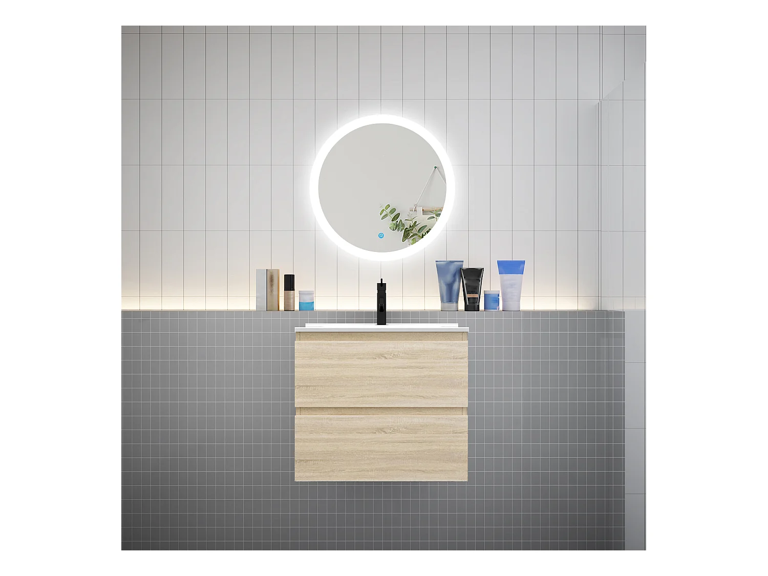 AICA Ensemble meuble de salle de bain Vasque 60cm avec 2 tiroirs + lavabo + LED Miroir Rond 60cm, Chêne