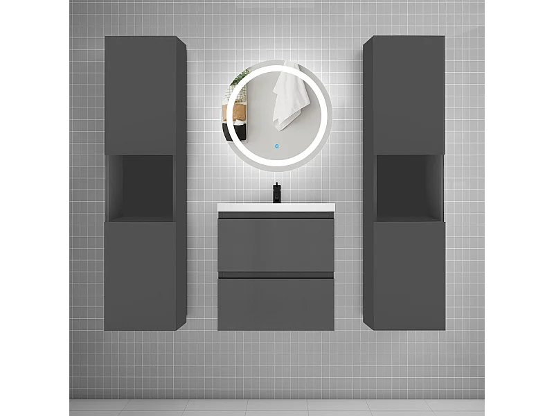 AICA Ensemble meuble de salle de bain Vasque 50cm avec 2 tiroirs + lavabo + LED Miroir Rond 60cm + 2*Colonne, Anthracite