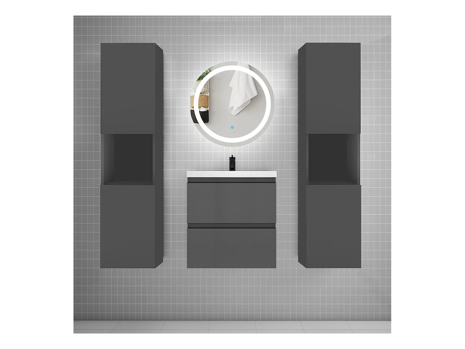 AICA Ensemble meuble de salle de bain Vasque 50cm avec 2 tiroirs + lavabo + LED Miroir Rond 60cm + 2*Colonne, Anthracite