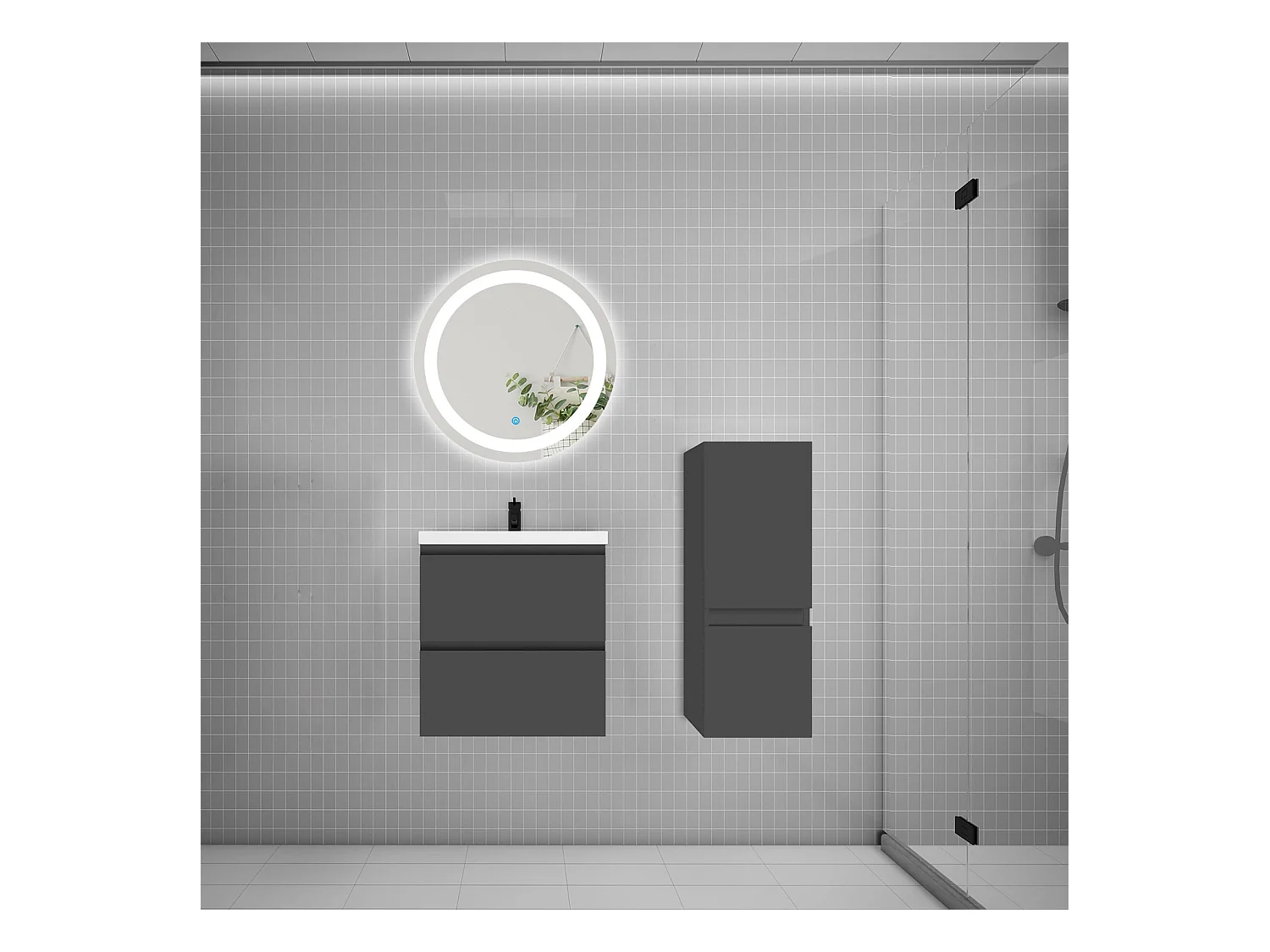 AICA Ensemble meuble de salle de bain Vasque 50cm avec 2 tiroirs + lavabo + LED Miroir Rond 60cm + Colonne, Chêne