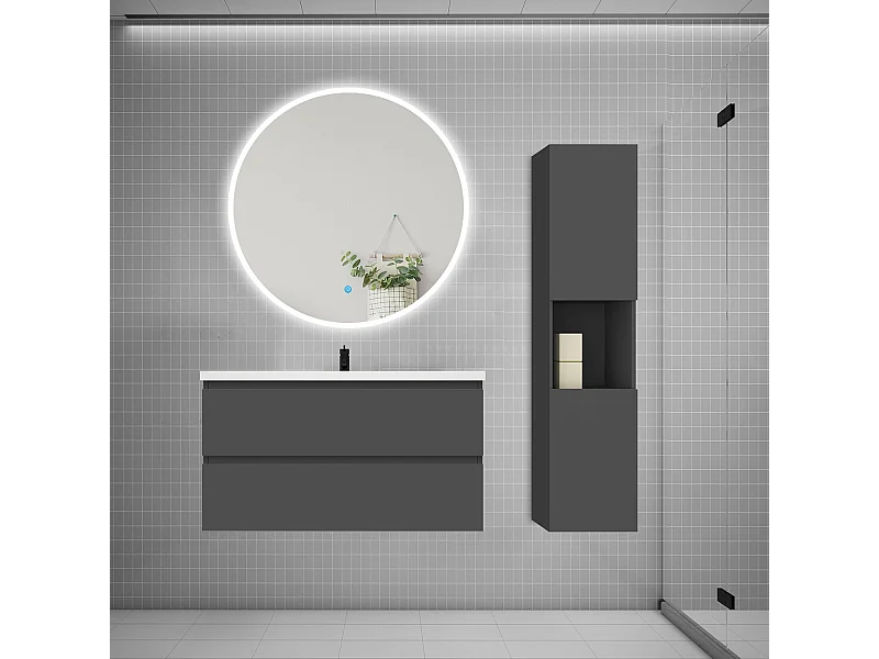 AICA Ensemble meuble de salle de bain Vasque L.99cm 2 tiroirs + lavabo + LED Miroir Rond 100cm + Colonne, Anthracite