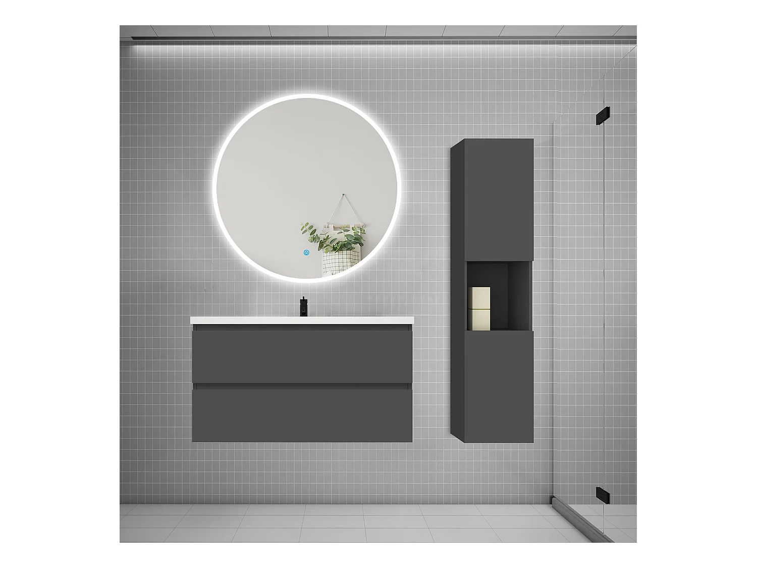 AICA Ensemble meuble de salle de bain Vasque L.99cm 2 tiroirs + lavabo + LED Miroir Rond 100cm + Colonne, Anthracite